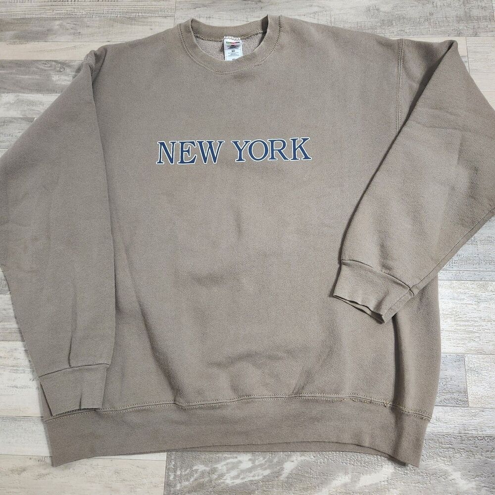 Vintage Fruit of the Loom New York Sweatshirt XXL Taupe Brown Blue Spellout 90s